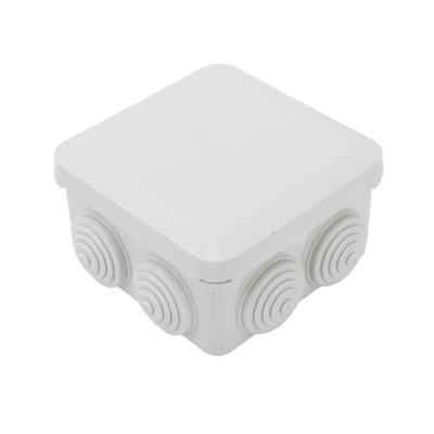 Caja Estanca, Derivación, Conexión de Plástico (89 X 89 X 50 mm) con 7 Glándulas de Goma. Para Instalaciones Comerciales,  Residenciales e Industriales. Cerrado a Presión. 