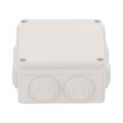 Caja Derivación-Conexión de Plástico (100 X 100 X 54 mm) con 7 Glándulas de Goma. Para Instalaciones Comerciales, Residenciales e Industriales. Incluye Tornillería para su Tapa. 