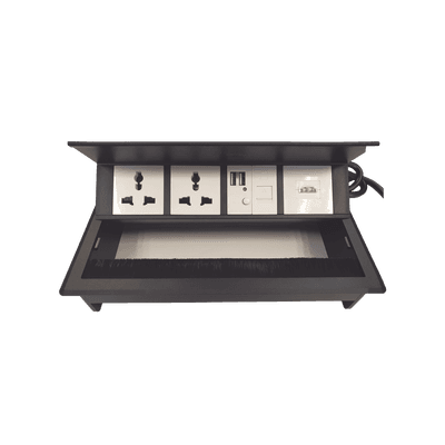 Caja Horizontal Tipo Hub para Escritorio Color Negro, con 1 Puerto HDMI Hembra-Hembra, 1 Puerto RJ45 Cat6, 2 Puertos USB (Solo Carga), y 2 Contactos Eléctricos Universales
