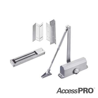 Kit para control de acceso incluye Chapa magnética de 600Lbs / Montajes L y Z / Cierra puerta para 45-65Kg.