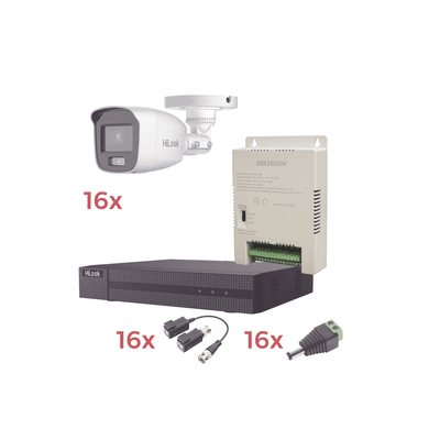 Kit TurboHD 1080p Lite / DVR 16 Canales / 16 Cámaras Bala Exterior ( 2.8mm) con ColorVu + Micrófono Integado / Transceptores / Conectores / Fuente de Poder Profesional