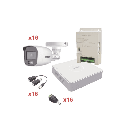 Kit TurboHD 1080p Lite / DVR 16 Canales / 16 Cámaras Bala Exterior ( 2.8mm) con ColorVu + Micrófono Integado / Transceptores / Conectores / Fuente de Poder Profesional