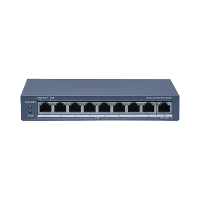 Switch PoE+ / Monitoreable / 8 Puertos 10/100 Mbps PoE+ / 1 Puerto 1000 Mbps Uplink / Configuración Nube Hik-Partner Pro / Modo Extendido hasta 300 metros / 60 W