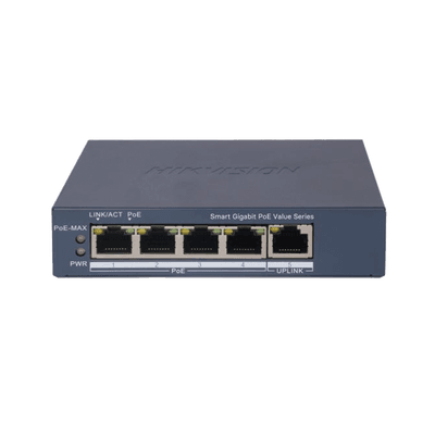 Switch Gigabit PoE+ / Monitoreable / 4 Puertos 1000 Mbps PoE+ / 1 Puerto 1000 Mbps Uplink / Configuración Nube Hik-PartnerPro / Modo Extendido hasta 300 Metros / 45 Watts