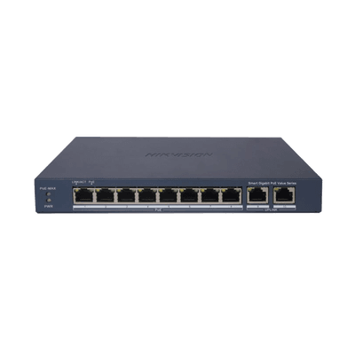 Switch Gigabit PoE+ / Administrable / 8 Puertos 1000 Mbps PoE+ / 2 Puertos 1000 Mbps de Uplink / Configuración Nube Hik-PartnerPro / Modo Extendido hasta 300 Metros / 60 W