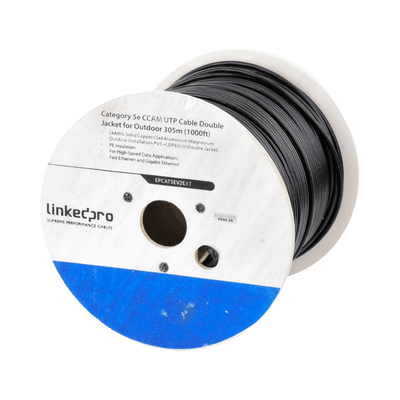 Bobina de Cable de 305 Metros (1000 Pies) Cat5e, Aleación de Cobre y Aluminio (CCA), Color Negro, Uso Intemperie, Doble Forro